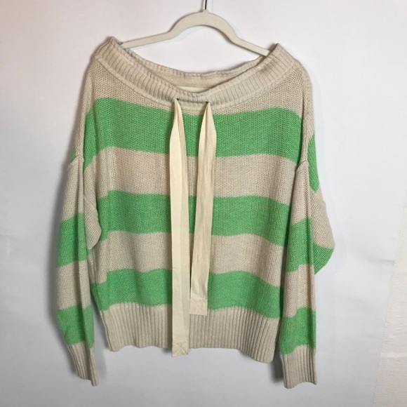 FREE PEOPLE Women’s “Cassidy” Green & White Striped Off Shoulder Tie Pullover XS - Picture 7 of 10